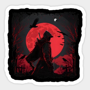 Raven Man Diablo BRZRKR a Witcher on Red Moon Sticker